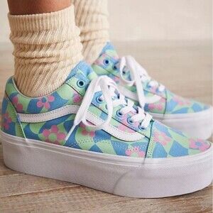 Vans | Old Skool Stacked Checkered Floral Blue Platform Shoes, Womens 9